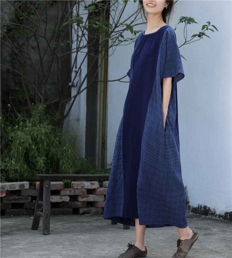 A0001 Early Summer New Cotton Linen Color Block Dress Irregular Plaid Patchwork Long Dress