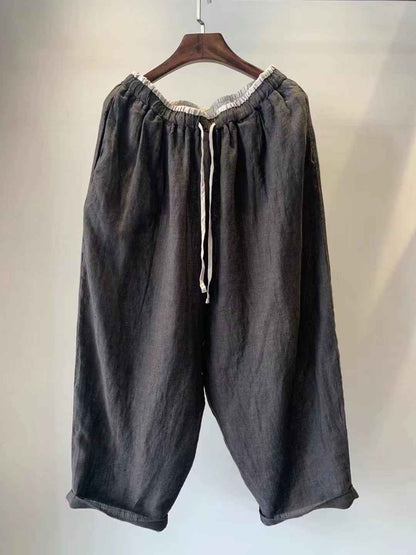 D10001 Japanese Retro Artistic Linen Plaid Harem Pants for Women Summer Loose Versatile Slimming Waist Tie Nine-point Pants