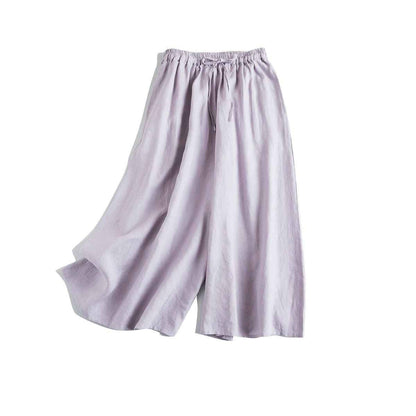 D10002 Japanese Style Commuting Simple Custom Pure Linen Artistic Loose Elastic Waist Drawstring Casual Comfortable Wide-Leg Nine-Point Skirt Pants