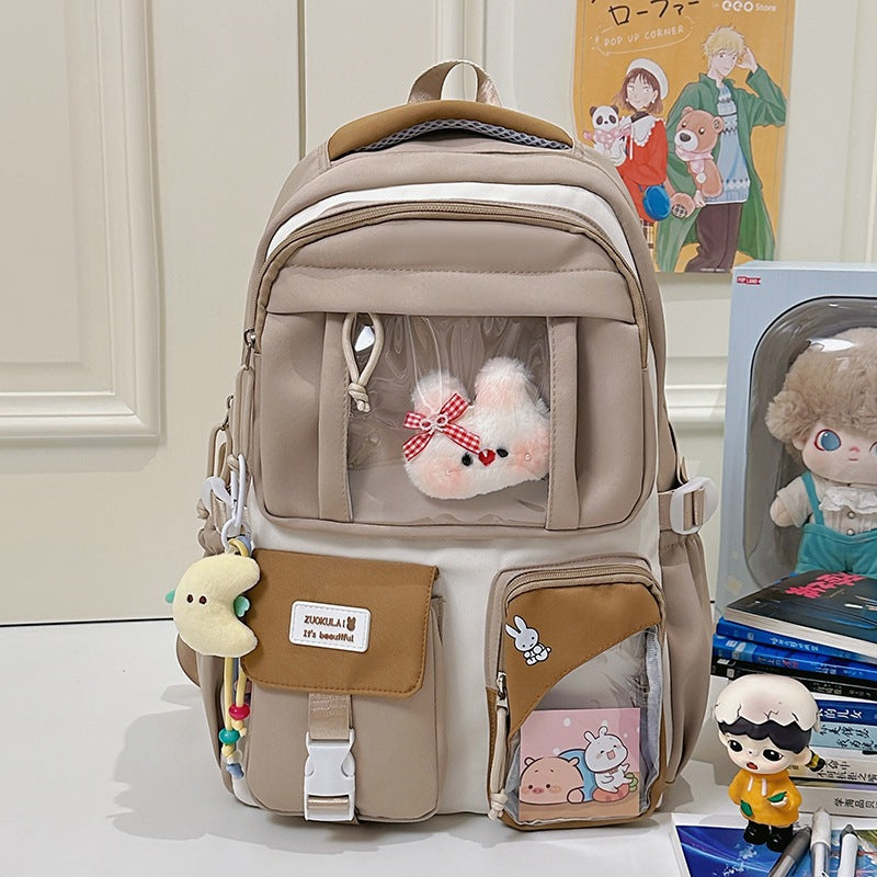 E10006 Campus Backpack for Girls, Cute Japanese Style Transparent Badge Pain Bag, Large Capacity Double Shoulder Backpack for Middle School and High School Students - Ivana Supply Store