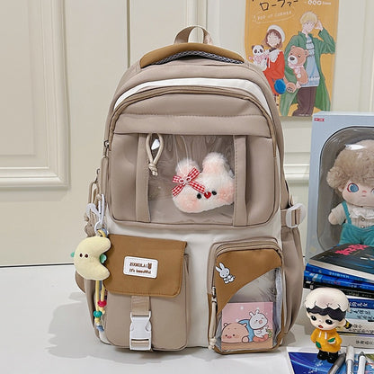 E10006 Campus Backpack for Girls, Cute Japanese Style Transparent Badge Pain Bag, Large Capacity Double Shoulder Backpack for Middle School and High School Students - Ivana Supply Store