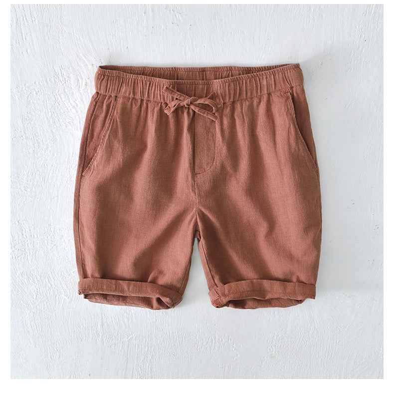 D20002 Japanese Style Elastic Drawstring Ramie Casual 70%+ Ramie Linen Shorts Men's Summer Beach Versatile Loose Cotton Linen Five-Point Shorts 8227
