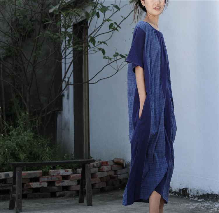 A0001 Early Summer New Cotton Linen Color Block Dress Irregular Plaid Patchwork Long Dress