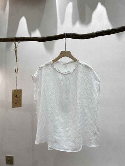 B10003 Vintage Artistic Ruffled Collar Ramie 95%+ Linen Blouse for Women Summer New Style Back Single Button Reversible Flutter Sleeve Blouse for Women