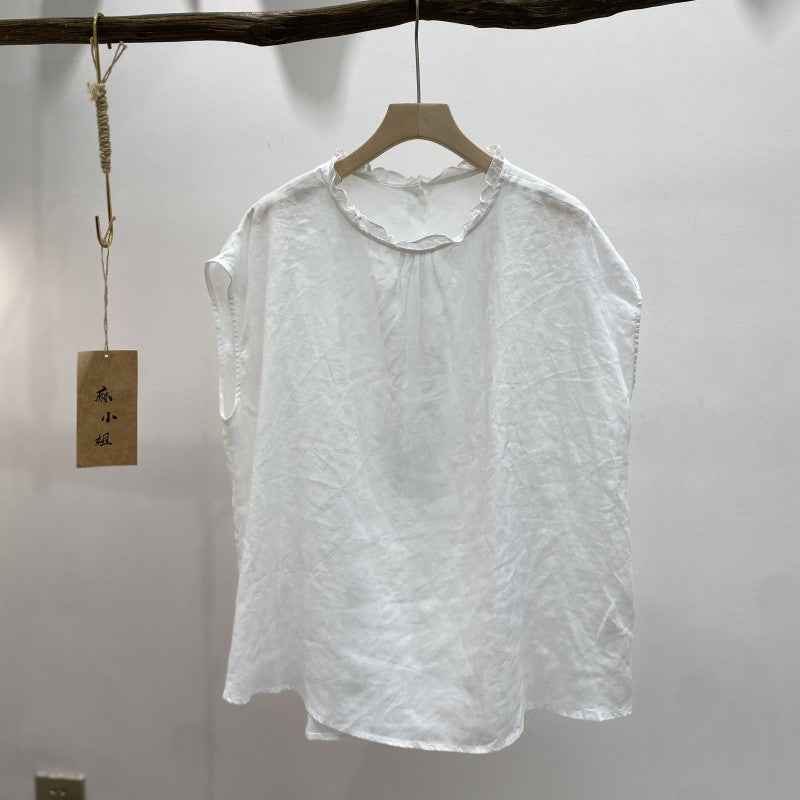 B10003 Vintage Artistic Ruffled Collar Ramie 95%+ Linen Blouse for Women Summer New Style Back Single Button Reversible Flutter Sleeve Blouse for Women