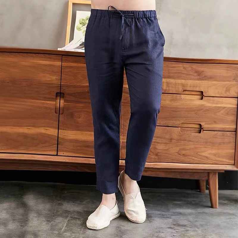 D20001 Breathable and Comfortable 100% Linen Summer Men's Loose Soft Straight-Leg Nine-Point Casual Linen Pants Men's Clothing