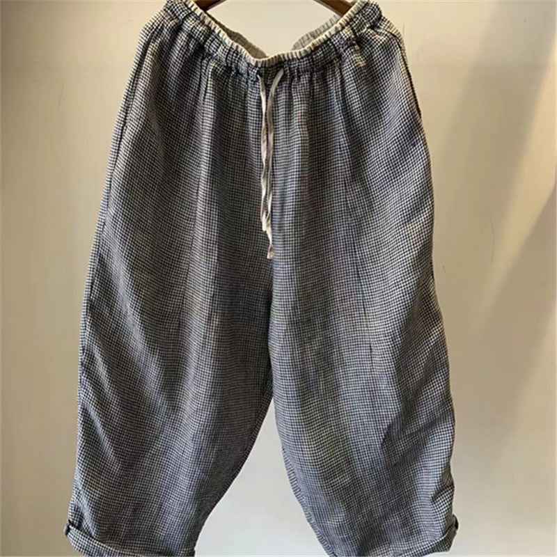 D10001 Japanese Retro Artistic Linen Plaid Harem Pants for Women Summer Loose Versatile Slimming Waist Tie Nine-point Pants