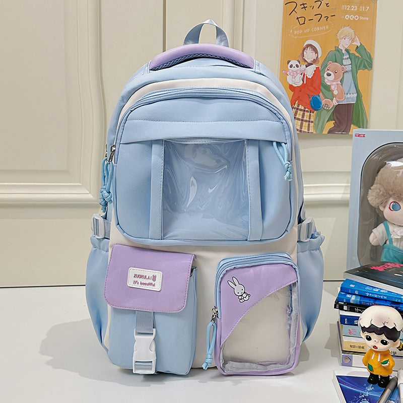 E10006 Campus Backpack for Girls, Cute Japanese Style Transparent Badge Pain Bag, Large Capacity Double Shoulder Backpack for Middle School and High School Students - Ivana Supply Store