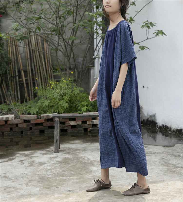 A0001 Early Summer New Cotton Linen Color Block Dress Irregular Plaid Patchwork Long Dress