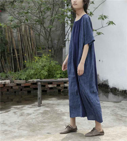 A0001 Early Summer New Cotton Linen Color Block Dress Irregular Plaid Patchwork Long Dress