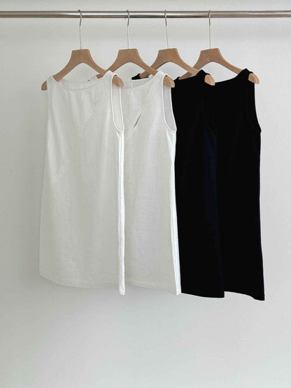 A0002 Simple Basic 95%+ Cotton Split Off-Shoulder Sleeveless Tank Dress Solid Color Dress
