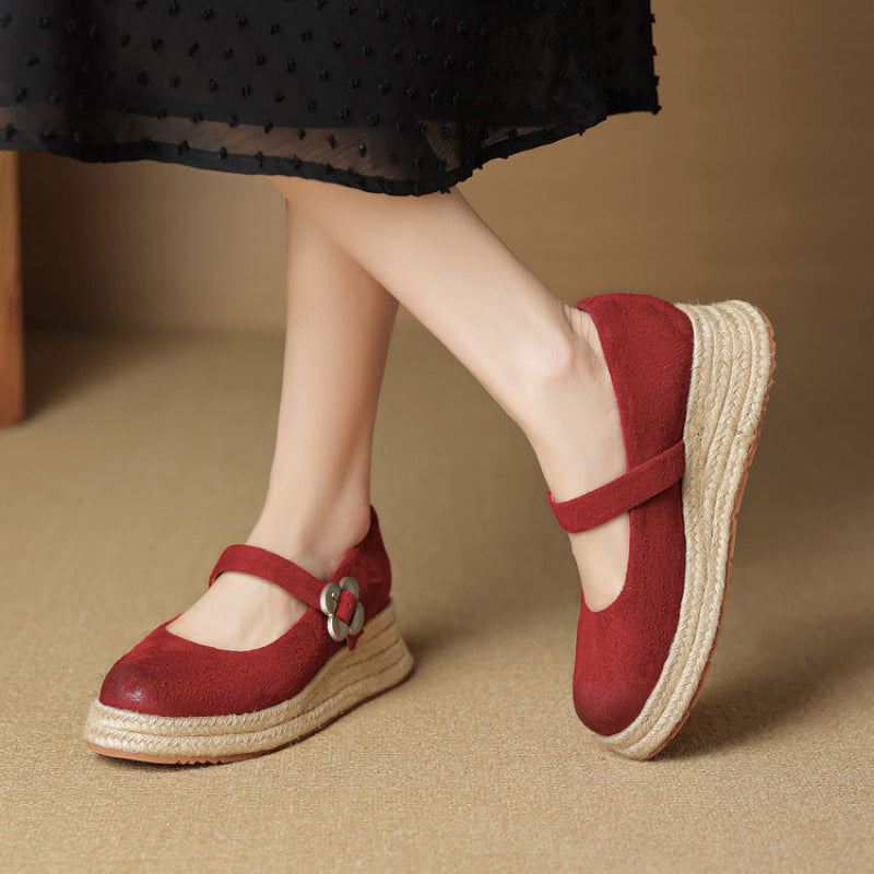 F10002 5cm High Heel Thick Sole Straw Woven Single Shoes for Women, Shallow Mouth One-Strap Platform Mary Jane Shoes, Versatile Wine Red Leather Shoes - Ivana Supply Store