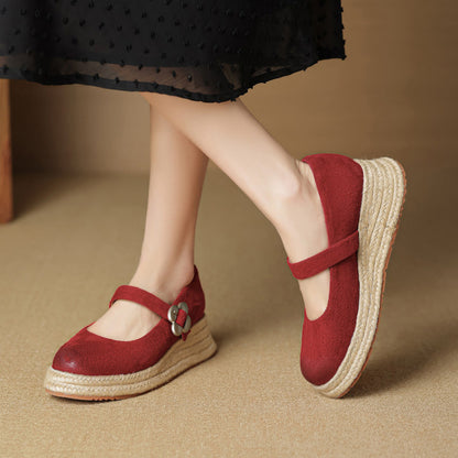 F10002 5cm High Heel Thick Sole Straw Woven Single Shoes for Women, Shallow Mouth One-Strap Platform Mary Jane Shoes, Versatile Wine Red Leather Shoes - Ivana Supply Store