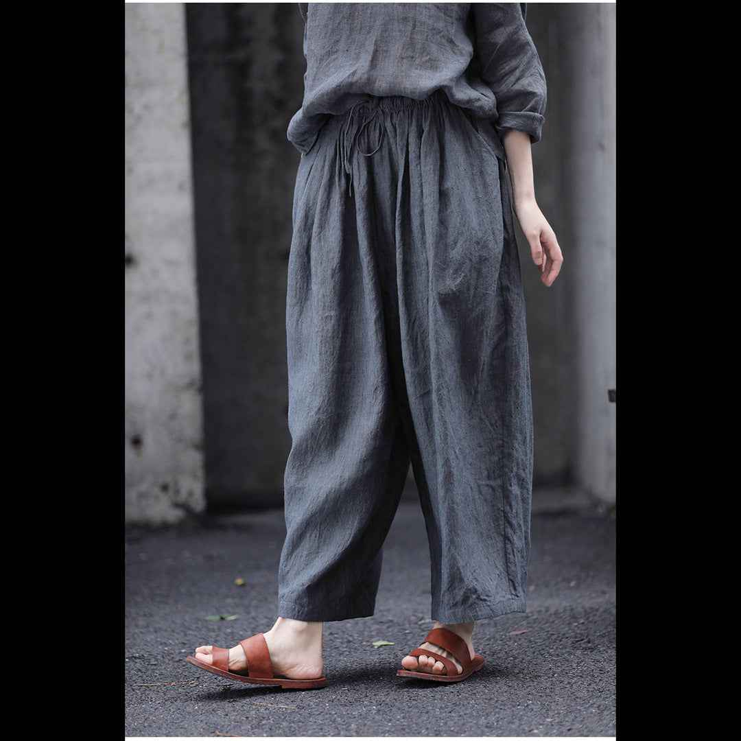 D10003 Summer Gray 95%+ Linen High-Density Woven Elastic Waist Drawstring Loose Carrot Wide-Leg Pants