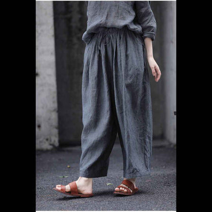 D10003 Summer Gray 95%+ Linen High-Density Woven Elastic Waist Drawstring Loose Carrot Wide-Leg Pants