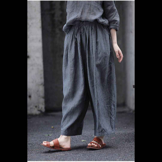D10003 Summer Gray 95%+ Linen High-Density Woven Elastic Waist Drawstring Loose Carrot Wide-Leg Pants