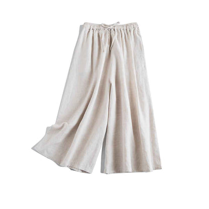 D10002 Japanese Style Commuting Simple Custom Pure Linen Artistic Loose Elastic Waist Drawstring Casual Comfortable Wide-Leg Nine-Point Skirt Pants