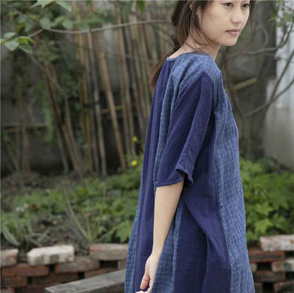 A0001 Early Summer New Cotton Linen Color Block Dress Irregular Plaid Patchwork Long Dress