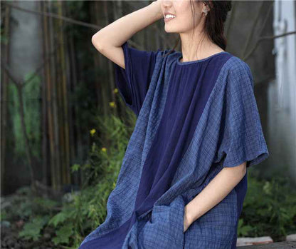 A0001 Early Summer New Cotton Linen Color Block Dress Irregular Plaid Patchwork Long Dress