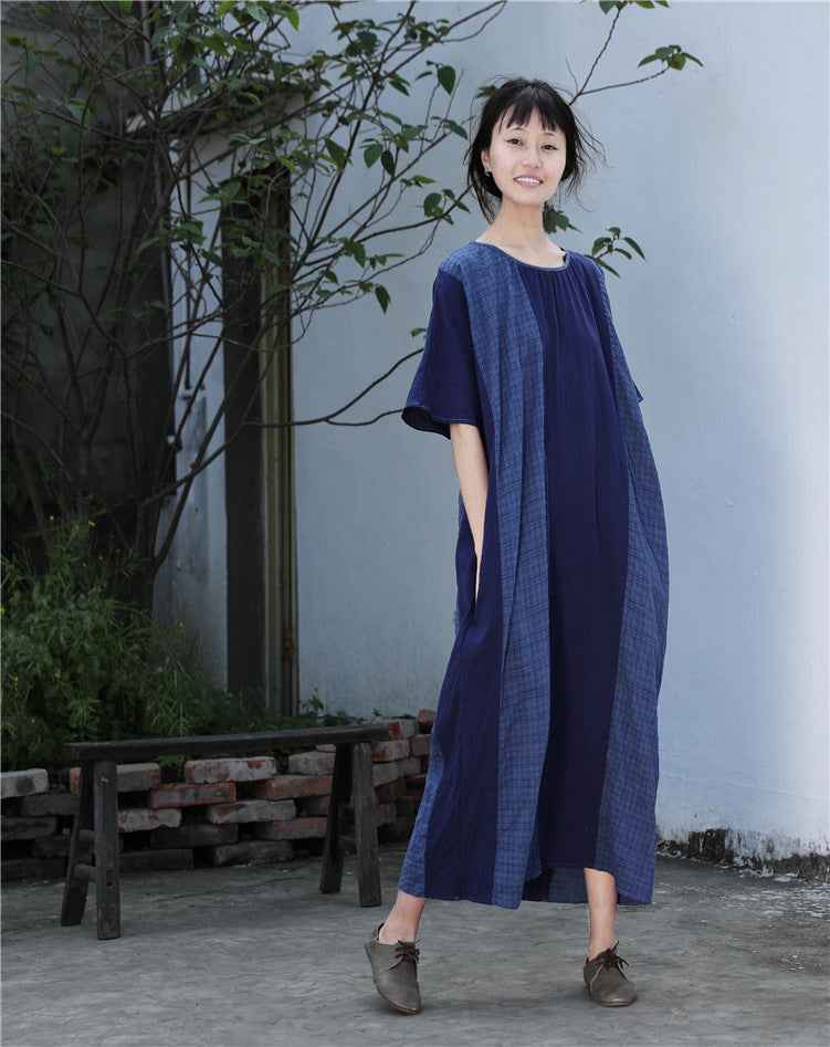 A0001 Early Summer New Cotton Linen Color Block Dress Irregular Plaid Patchwork Long Dress