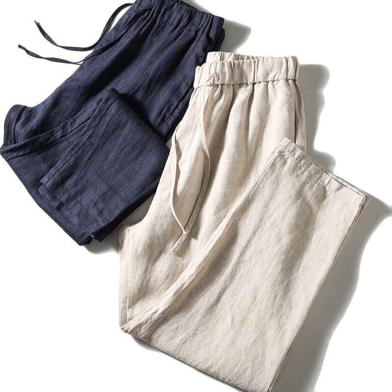 D20001 Breathable and Comfortable 100% Linen Summer Men's Loose Soft Straight-Leg Nine-Point Casual Linen Pants Men's Clothing