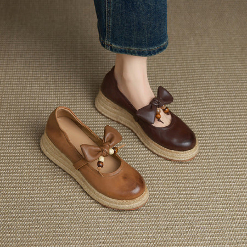 F10005 Women's Sweet Bow Beaded Fashion New Round Toe Thick Sole Mid Heel Mary Jane Braided Sole Shallow Mouth Single Shoes - Ivana Supply Store