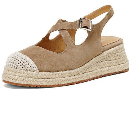 F10003 New Sheepskin Retro Straw Wedge Closed-Toe Sandals Thick-Soled Height-Increasing Fisherman Shoes for Women to Match Dresses - Ivana Supply Store