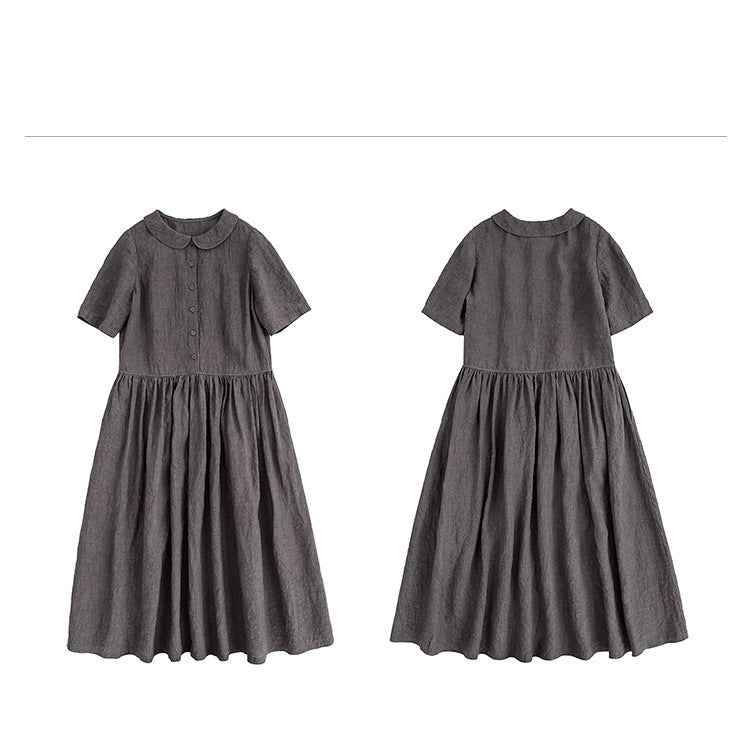 A0004 Summer New Artistic Loose Patchwork Solid Color Imported Linen Doll Collar Vintage Loose Short Sleeve Dress
