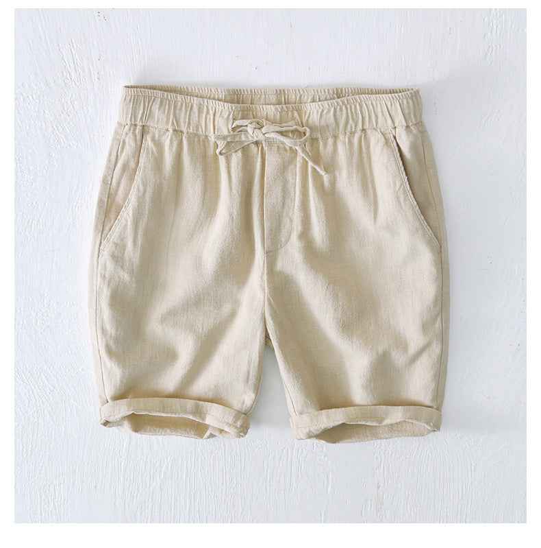 D20002 Japanese Style Elastic Drawstring Ramie Casual 70%+ Ramie Linen Shorts Men's Summer Beach Versatile Loose Cotton Linen Five-Point Shorts 8227